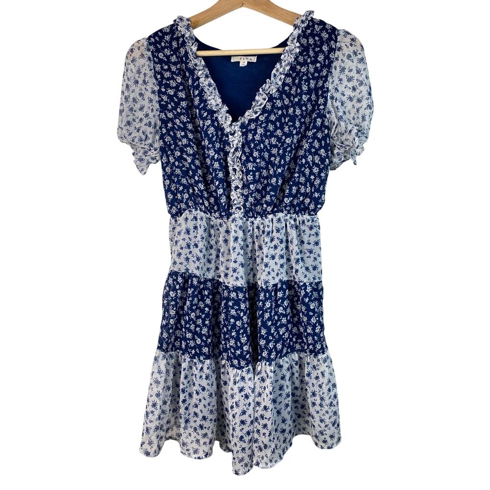 E & M‎ Women's M White Blue Tiered Floral Ruffle Mini Dress *
